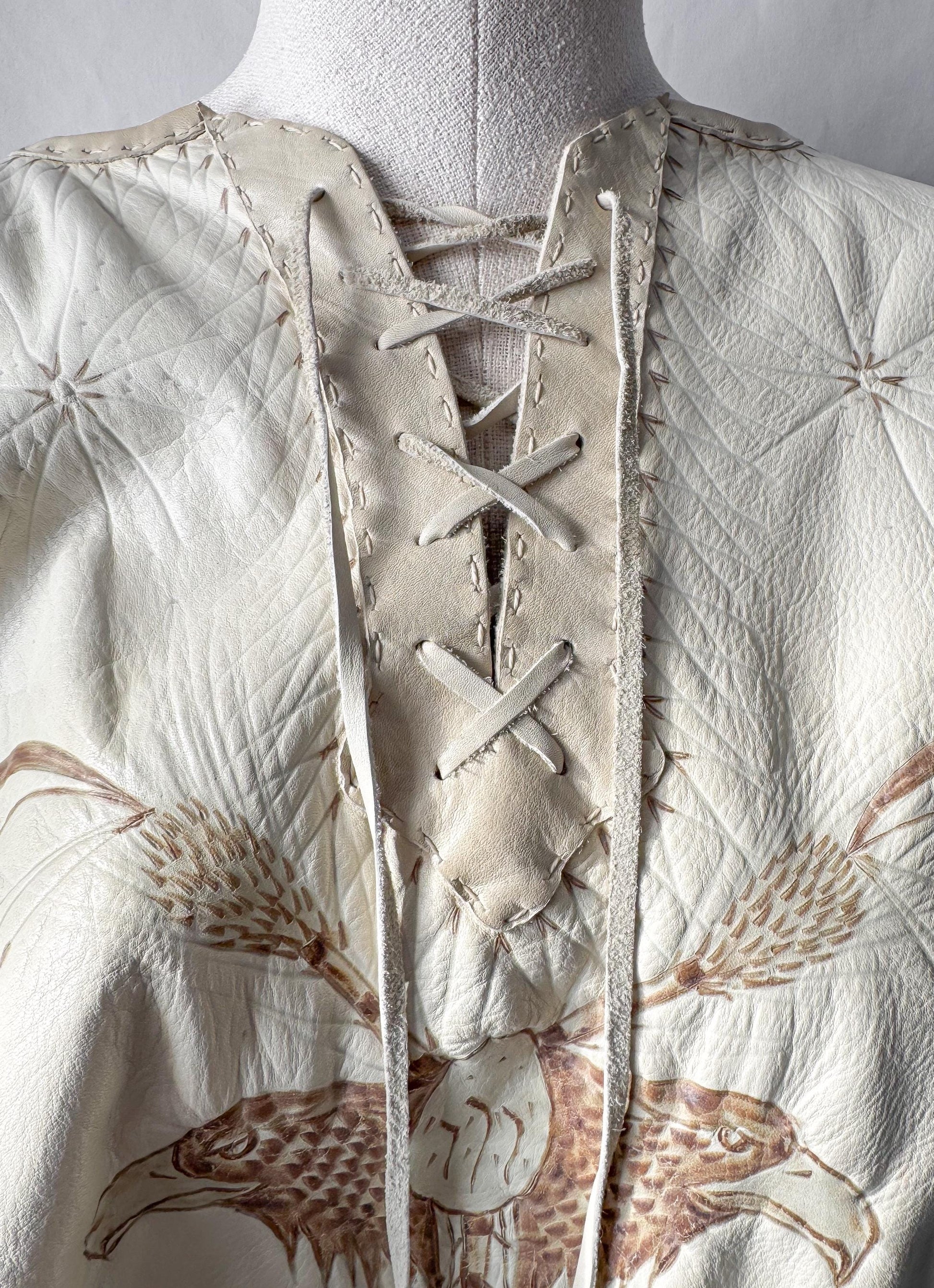 Vintage 60s/70s Handmade Cream Off-White Eagle Dreamcatcher Native Western Style Leather Fringe Shawl One Size Unique Statement Western Wear