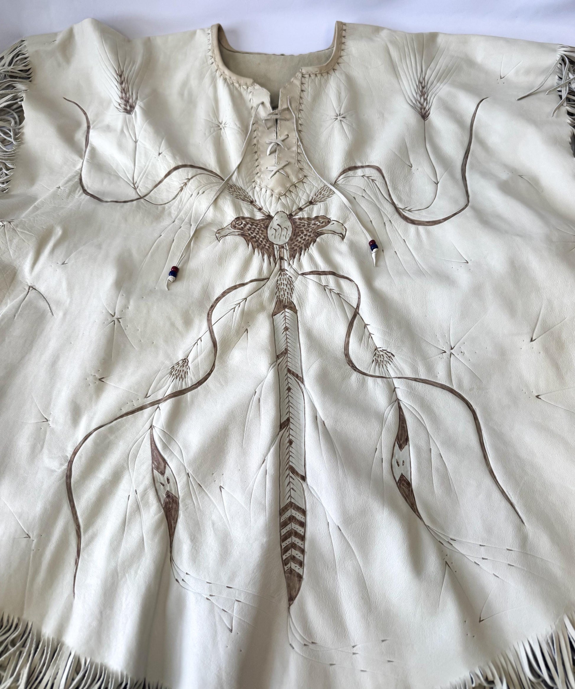 Vintage 60s/70s Handmade Cream Off-White Eagle Dreamcatcher Native Western Style Leather Fringe Shawl One Size Unique Statement Western Wear