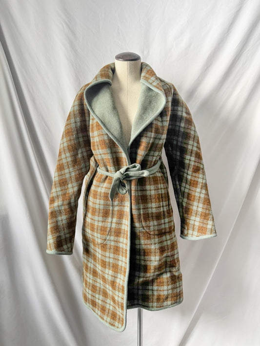 Vintage 80s Pendleton Brown Plaid Mint Green Reversible Wool Wrap Coat, Approx. Women's Sz. S