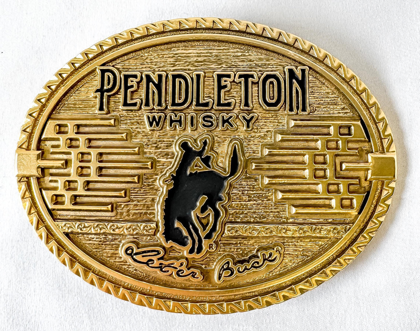 Western Montana Silversmiths Pendleton Whisky Gold Logo Belt Buckle, Vintage Western Accessories