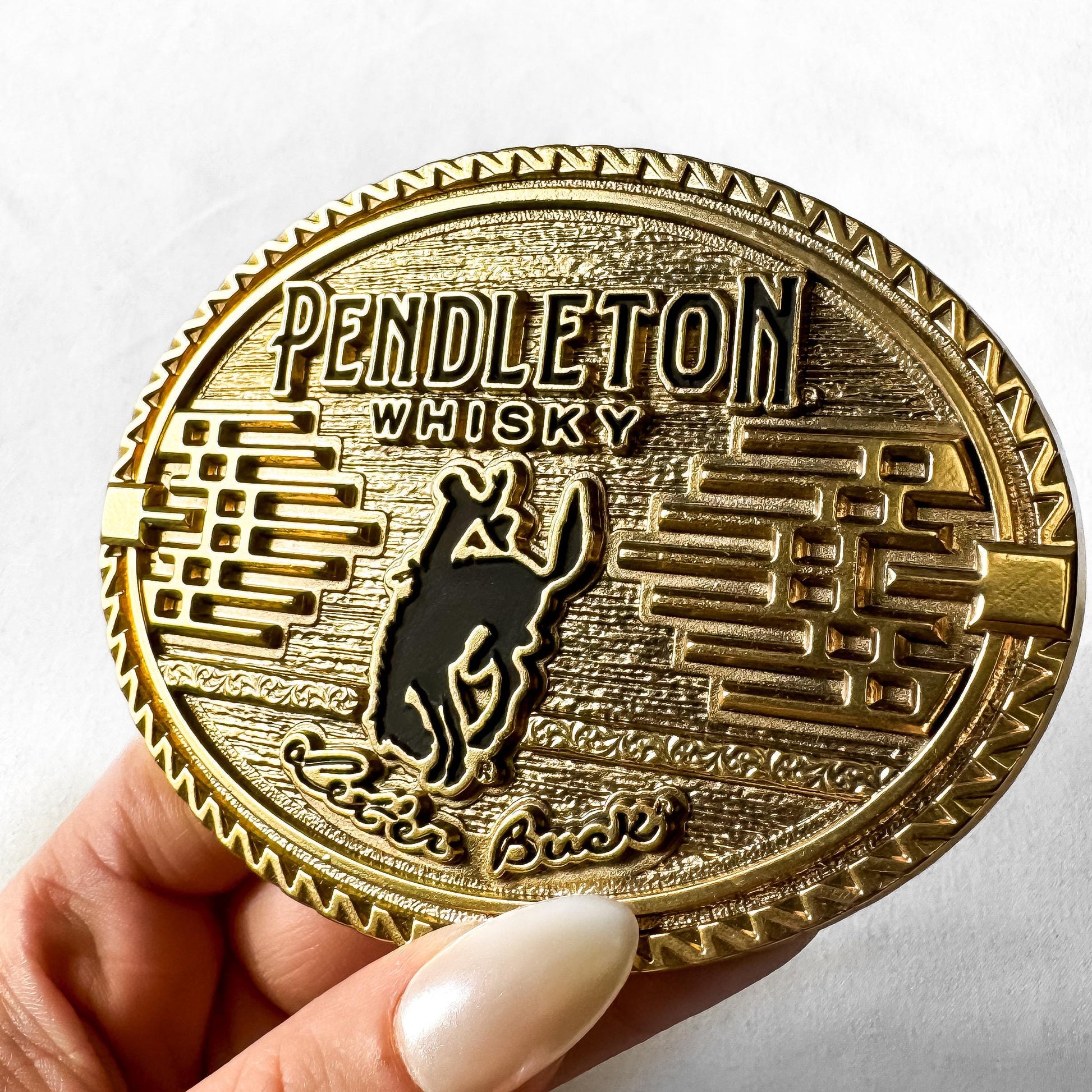 Western Montana Silversmiths Pendleton Whisky Gold Logo Belt Buckle, Vintage Western Accessories