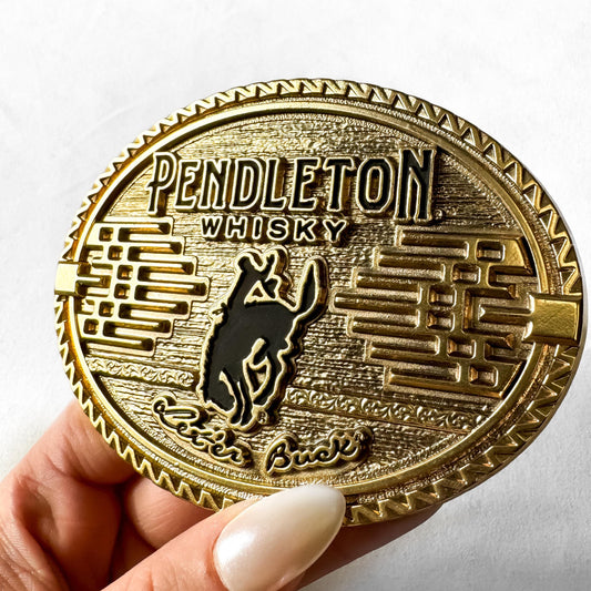 Western Montana Silversmiths Pendleton Whisky Gold Logo Belt Buckle, Vintage Western Accessories