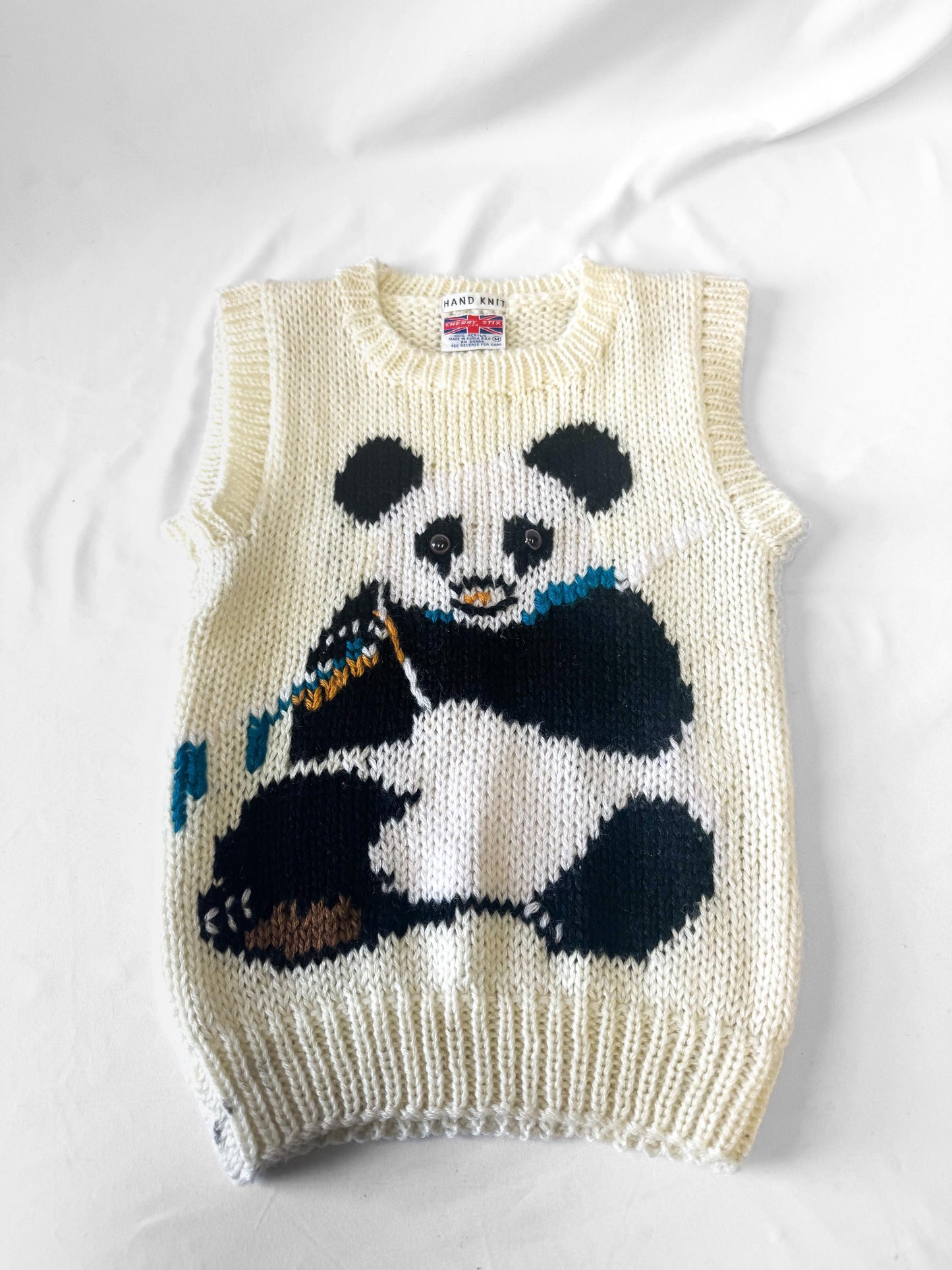 Vintage Handknit Cream/Off-White Panda Sweater Vest, Women's Sz. XS/S