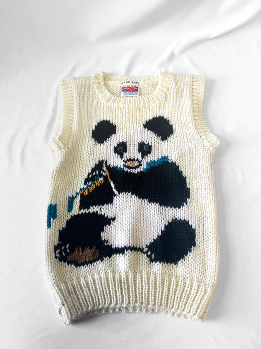 Vintage Handknit Cream/Off-White Panda Sweater Vest, Women's Sz. XS/S