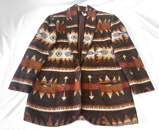 Vintage 90s Brown Multicolor Aztec Southwest Print Wool Blend Button Blazer Jacket, Approx. Men's Sz. S/M