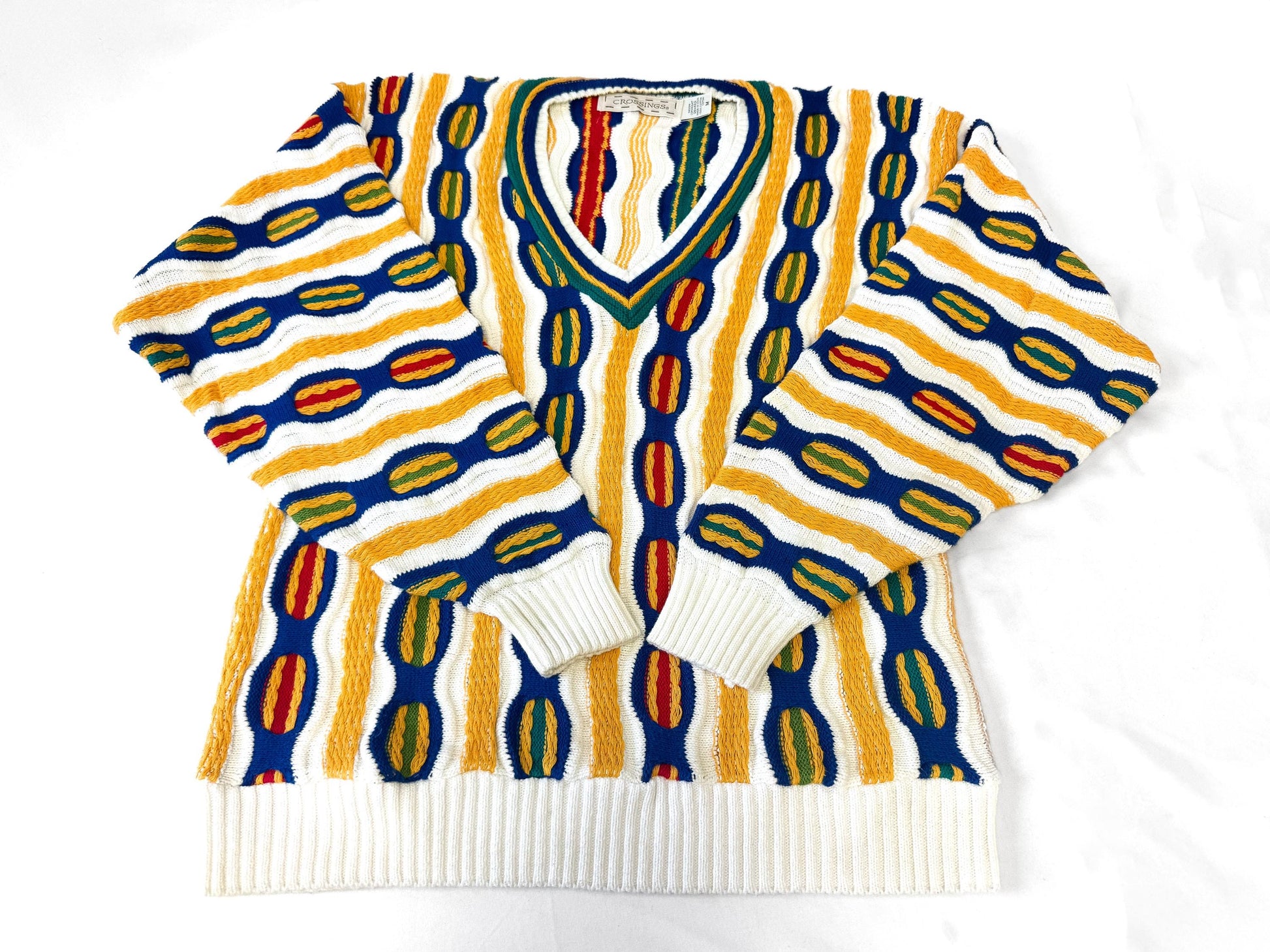 Vintage 90s White Yellow Striped 3D Knit Coogi Style V-Neck Sweater, Men's Sz. M