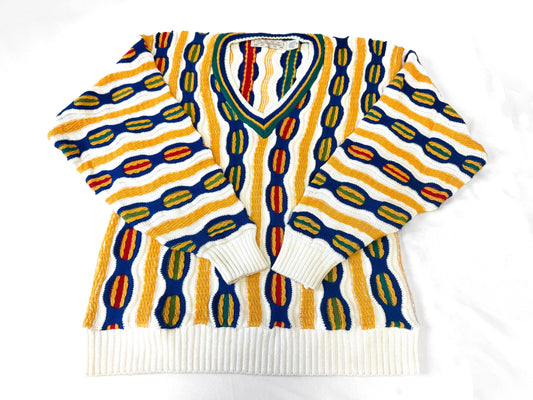 Vintage 90s White Yellow Striped 3D Knit Coogi Style V-Neck Sweater, Men's Sz. M