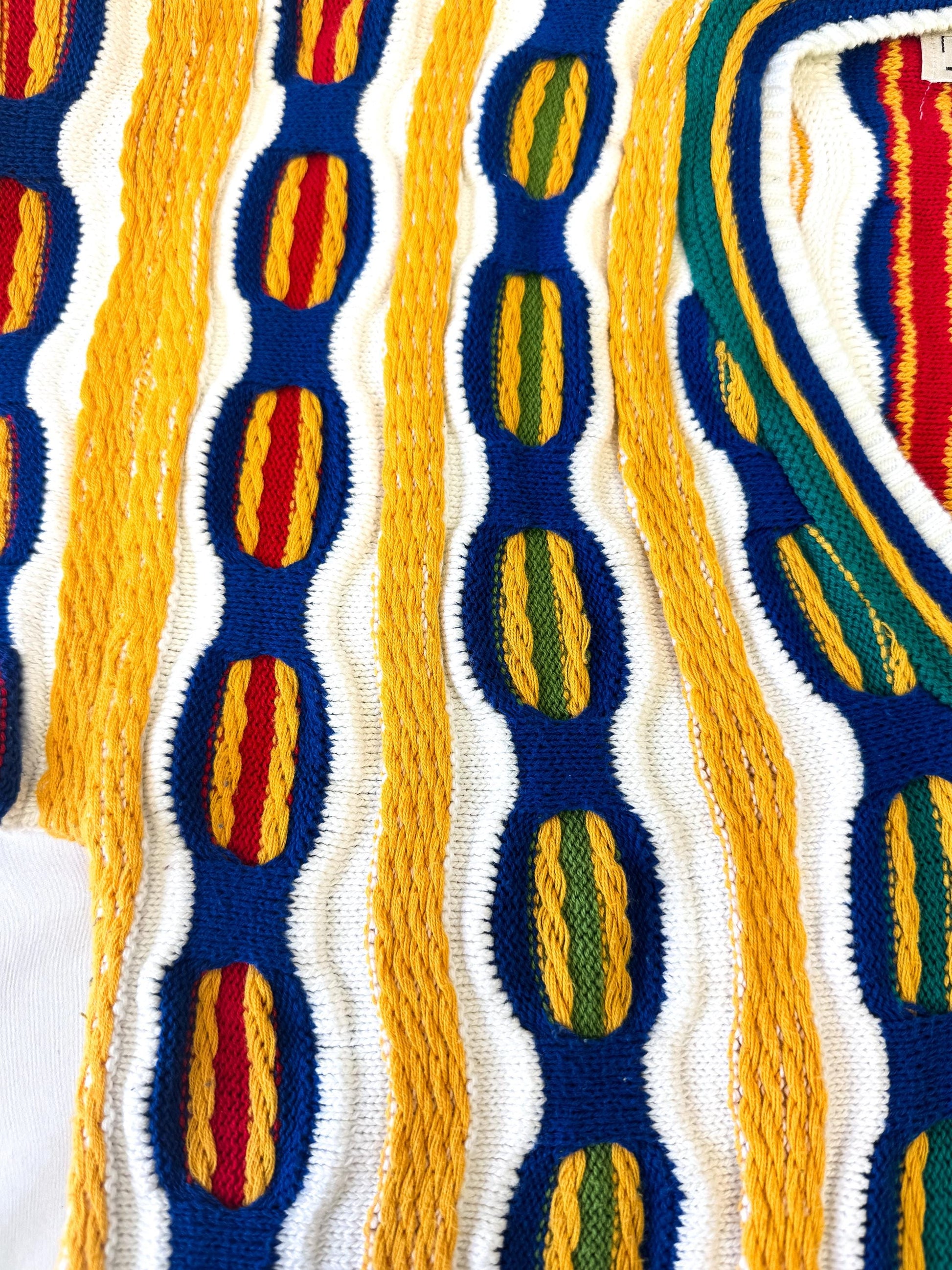 Vintage 90s White Yellow Striped 3D Knit Coogi Style V-Neck Sweater, Men's Sz. M