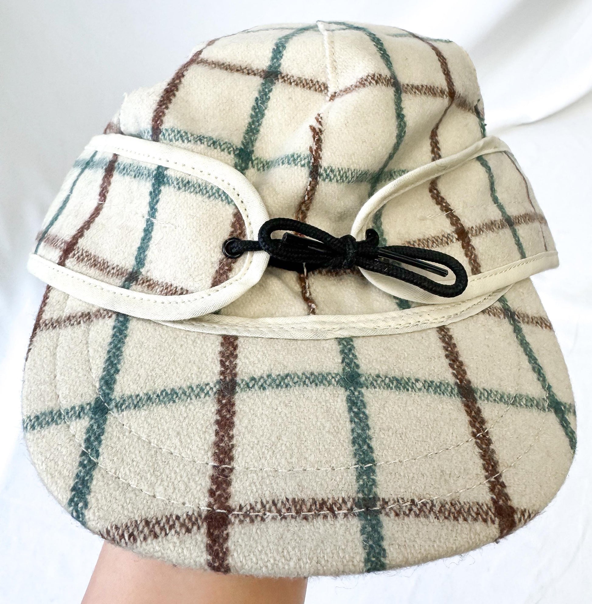 Vintage Style Stormy Kromer Cream Teal Brown Grid Patterned Wool Cap, Sz, 6 1/2