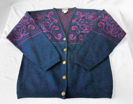 Vintage 90s Pendleton Navy/Dark Teal Purple Abstract Floral Pure Wool Button Cardigan, Women's Sz. L