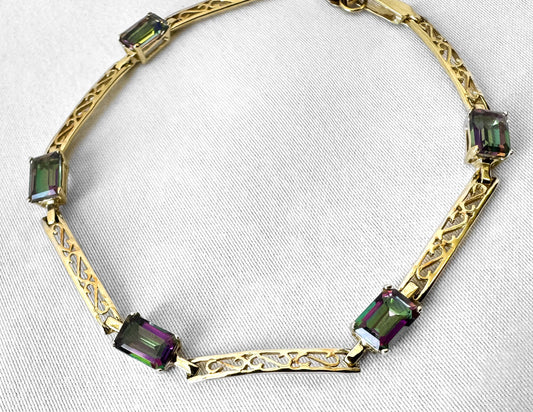 10K Yellow Gold Mystic Quartz Filigree Chain Bracelet, Roughly 7", Unique Simple Everyday Bracelet