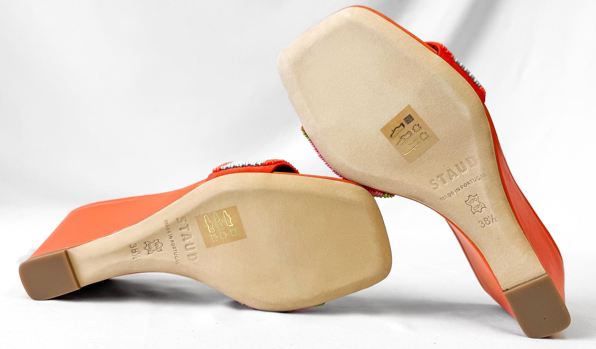 Retro Style Staud Orange Multicolor Beaded Leather Wedge Sandals, Approx. US Women's Sz. 8