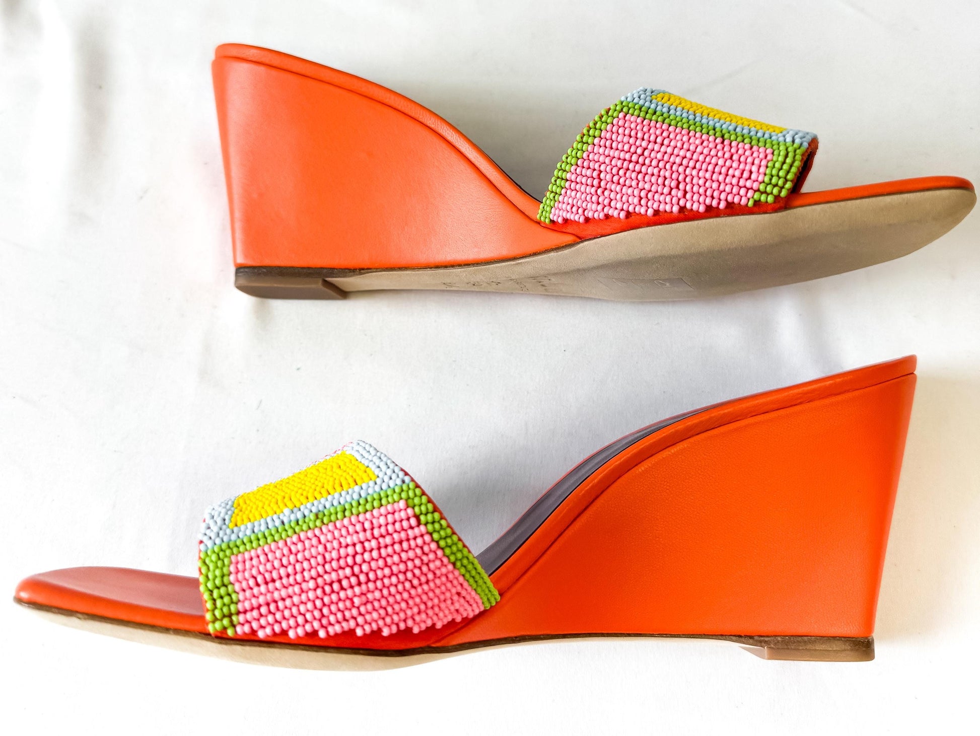 Retro Style Staud Orange Multicolor Beaded Leather Wedge Sandals, Approx. US Women's Sz. 8