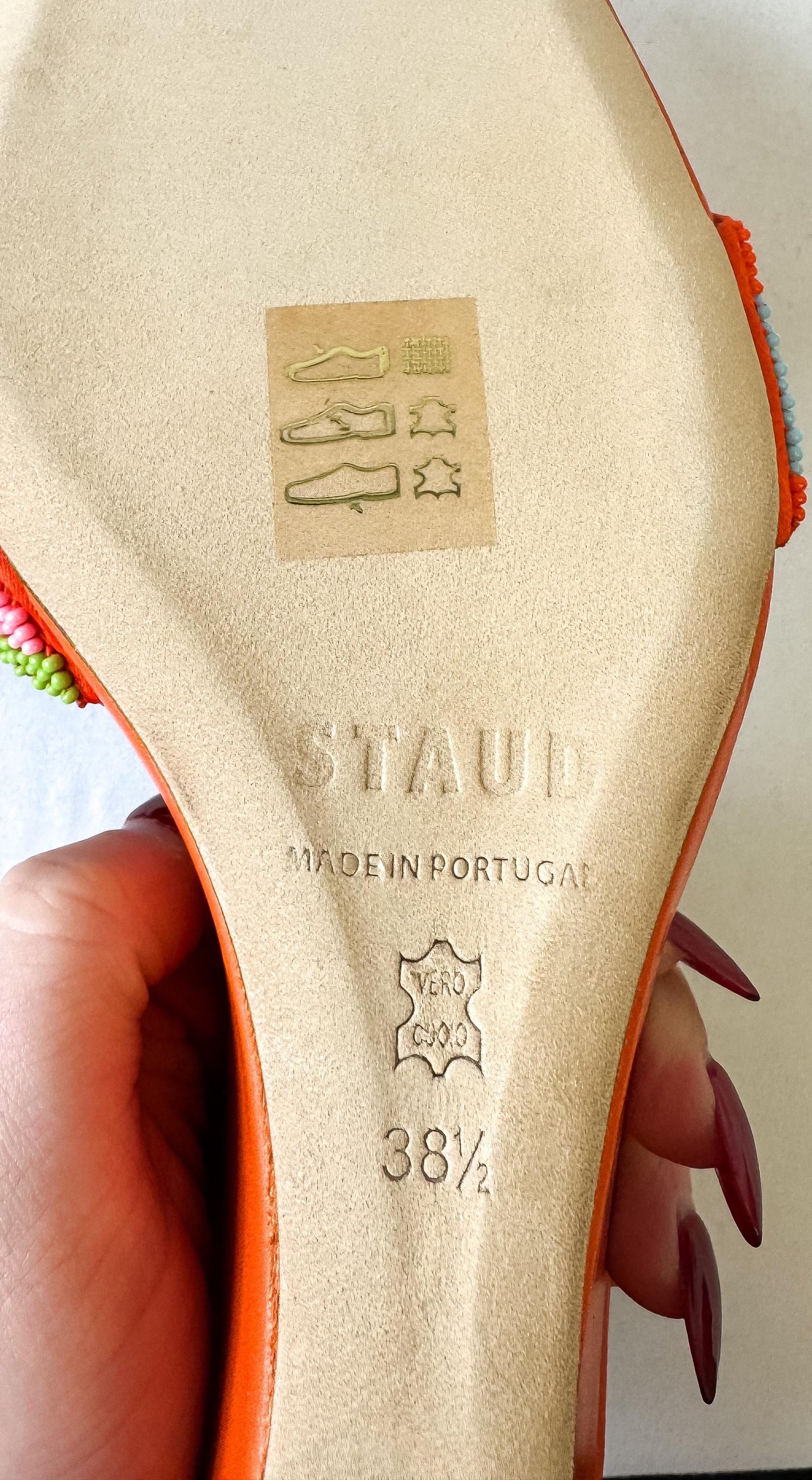 Retro Style Staud Orange Multicolor Beaded Leather Wedge Sandals, Approx. US Women's Sz. 8