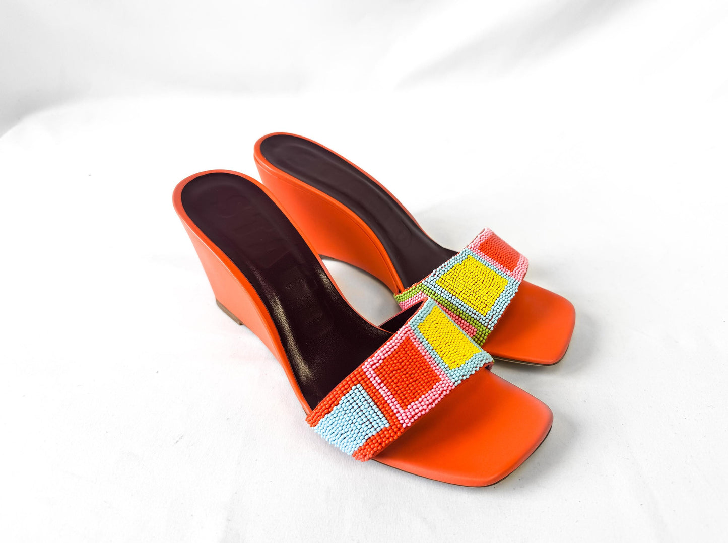Retro Style Staud Orange Multicolor Beaded Leather Wedge Sandals, Approx. US Women's Sz. 8