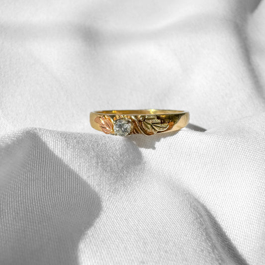 Vintage 10K Black Hills Gold Diamond Two Leaf Ring, Sz. 9.75, Dainty Simple Stackable Ring