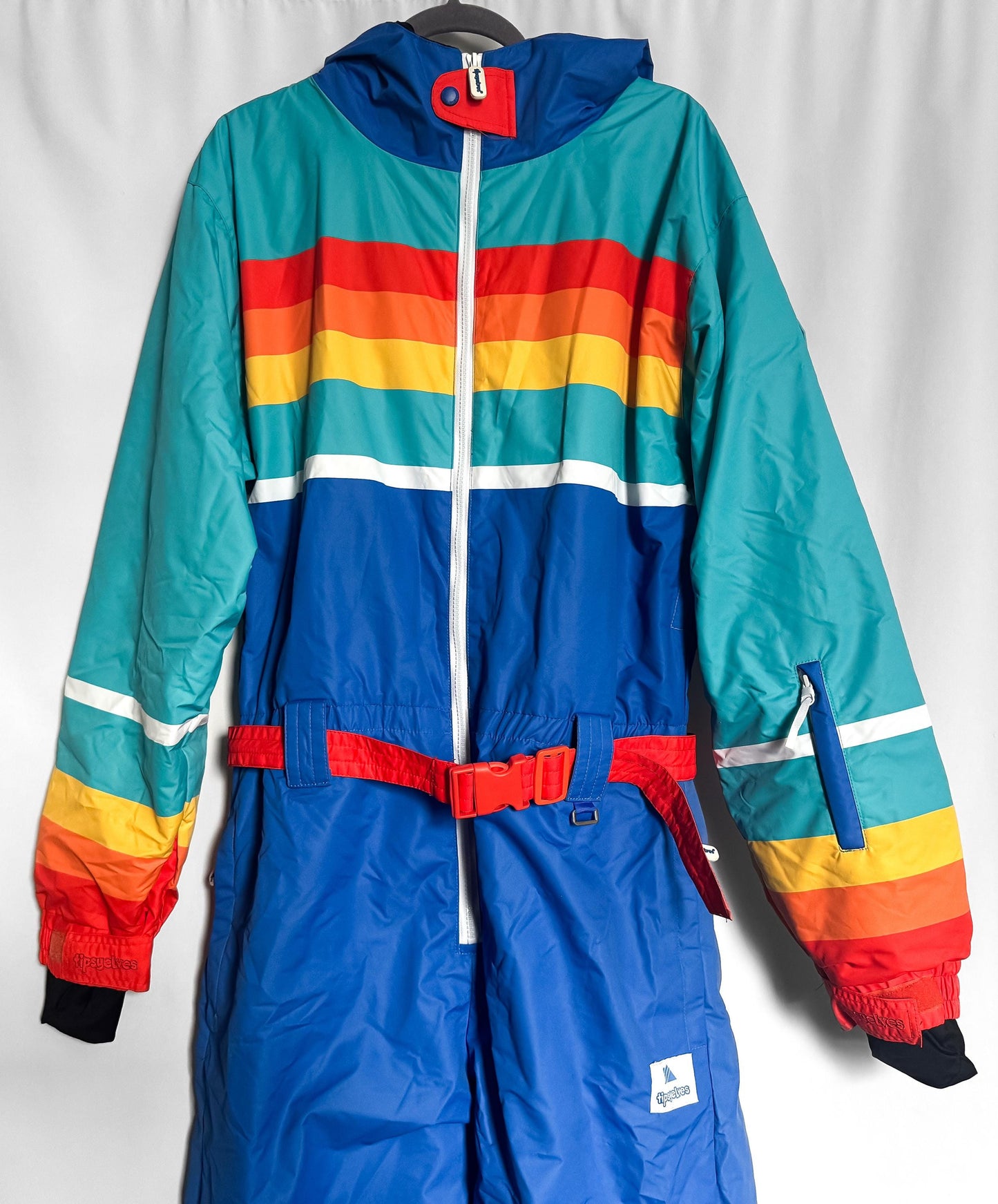 Vintage 90s Tipsy Elves Rainbow Striped Ski Snow Suit, Men's Sz. L, Retro Winter Ski Suit