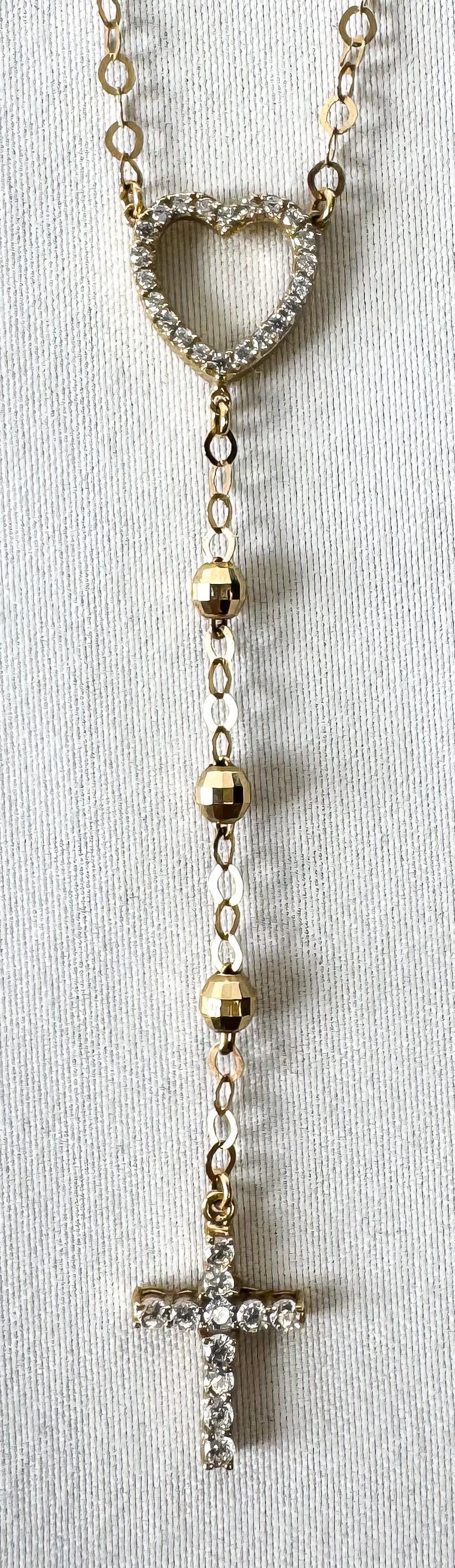 10K Yellow Gold White Topaz Heart Cross Cable Chain Lariat Necklace, Roughly 22", Unique Simple Dainty Minimalist Layering Necklace