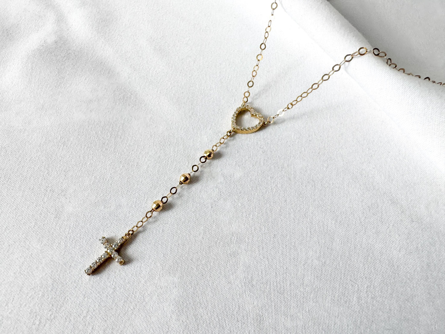 10K Yellow Gold White Topaz Heart Cross Cable Chain Lariat Necklace, Roughly 22", Unique Simple Dainty Minimalist Layering Necklace