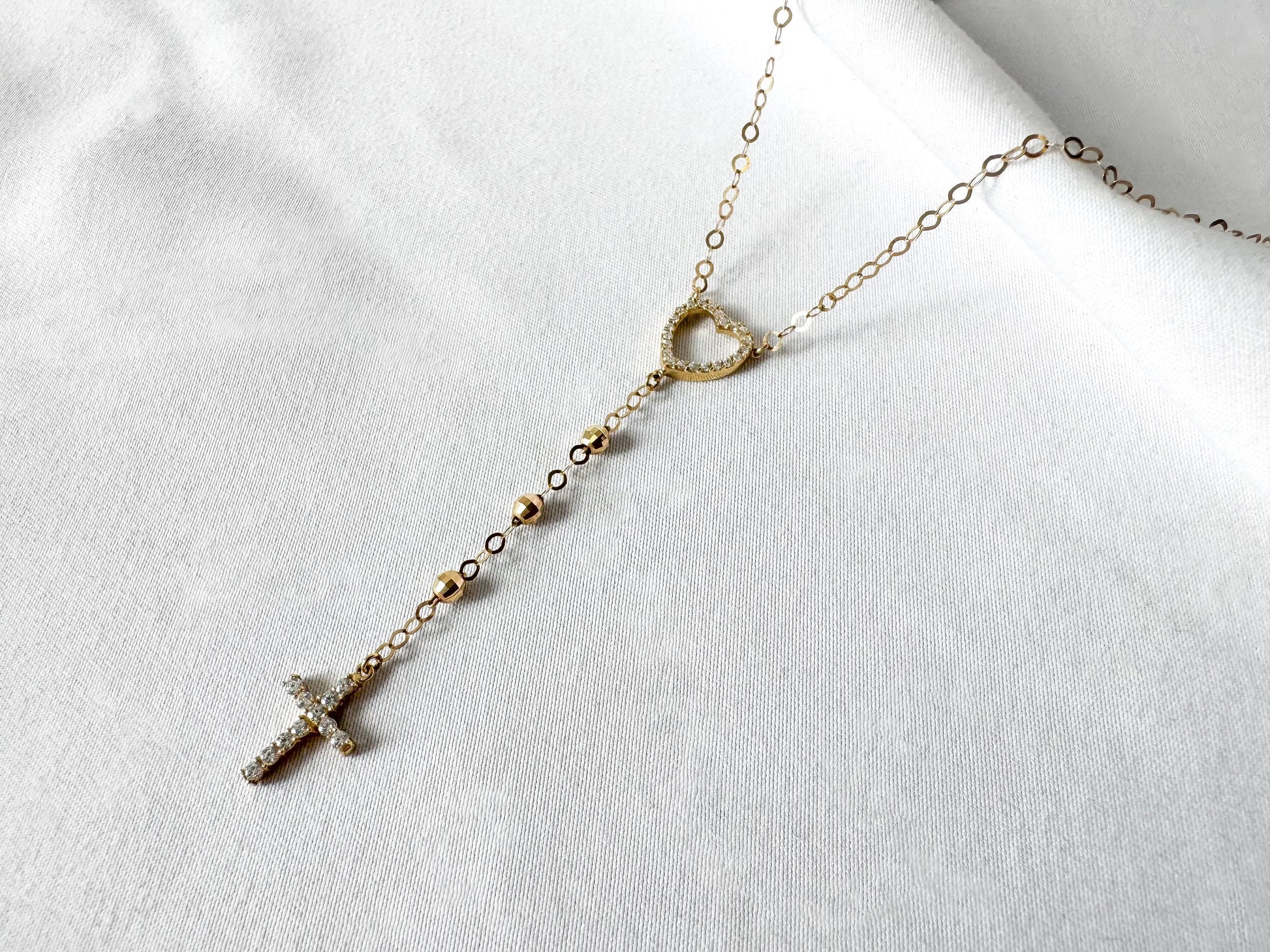 10K Yellow Gold White Topaz Heart Cross Cable Chain Lariat Necklace, Roughly 22", Unique Simple Dainty Minimalist Layering Necklace