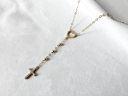 10K Yellow Gold White Topaz Heart Cross Cable Chain Lariat Necklace, Roughly 22", Unique Simple Dainty Minimalist Layering Necklace