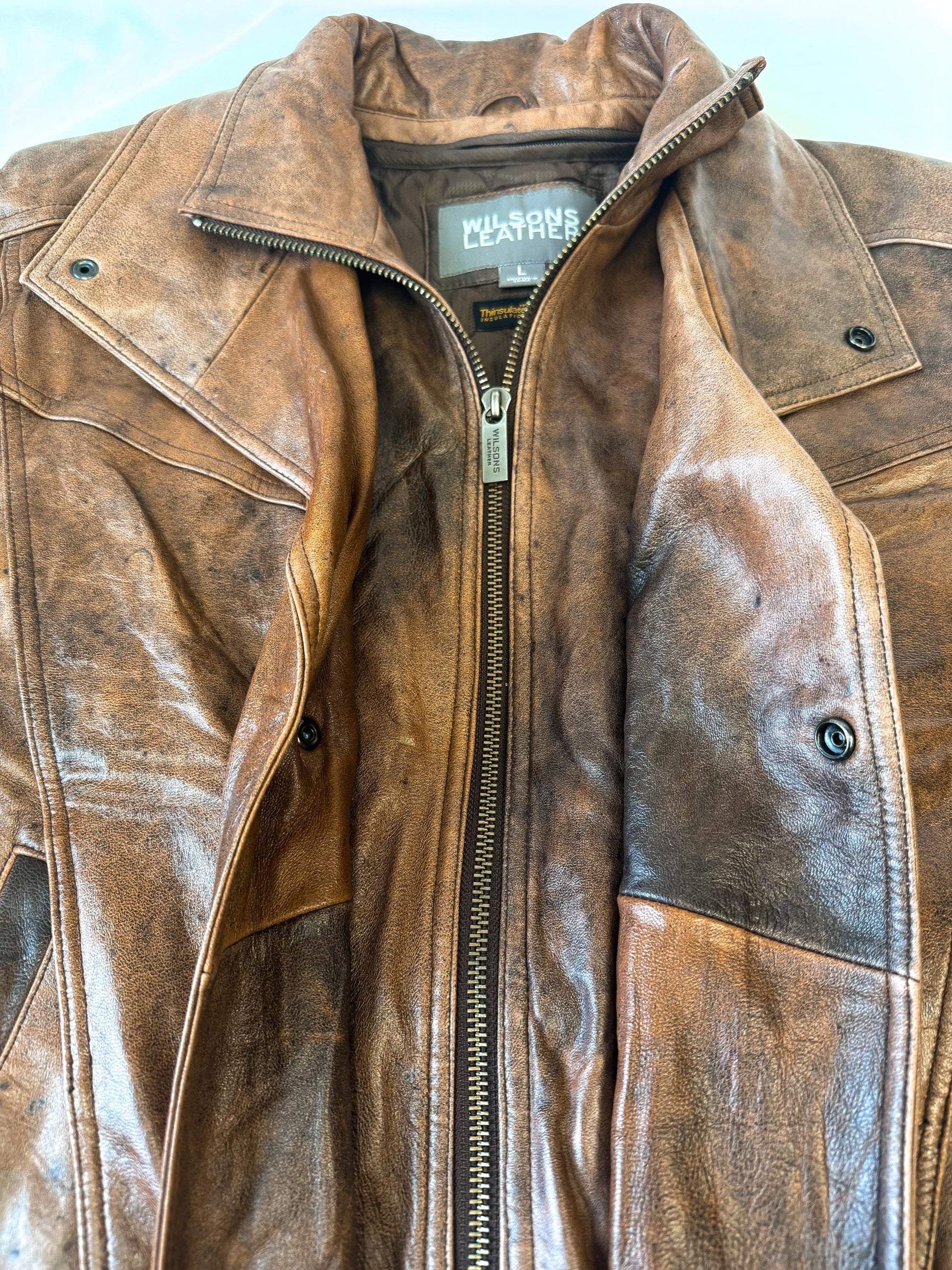 Vintage Wilsons Leather Brown Burnished Leather Bomber Jacket, Men's Sz. L