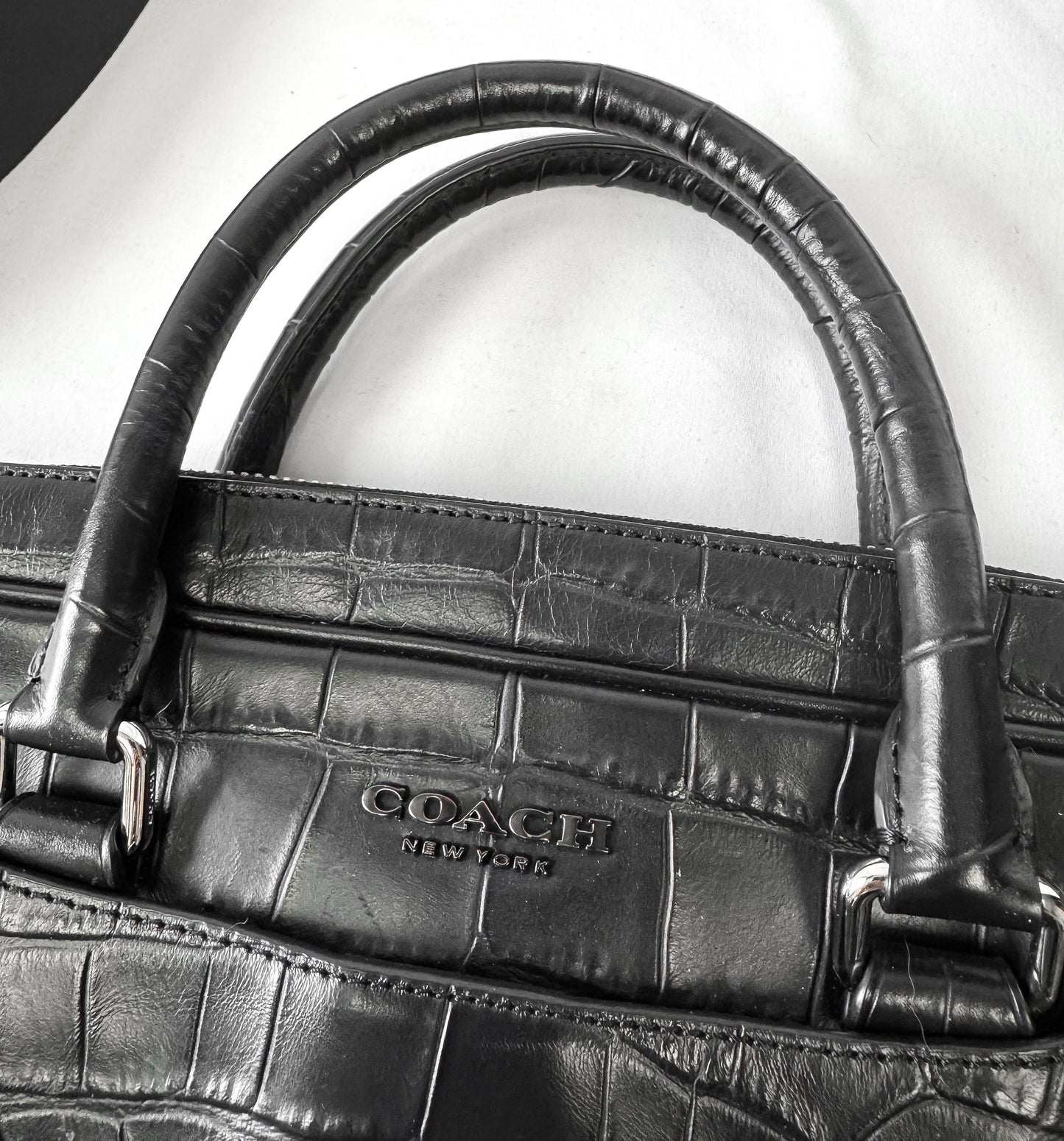 Modern Coach Beckett Slim Black Croc Embossed Crossbody Handle Briefcase Handbag, Style 72980