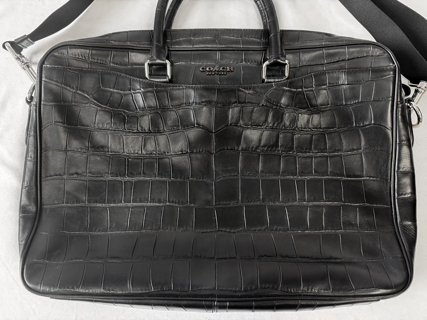 Modern Coach Beckett Slim Black Croc Embossed Crossbody Handle Briefcase Handbag, Style 72980