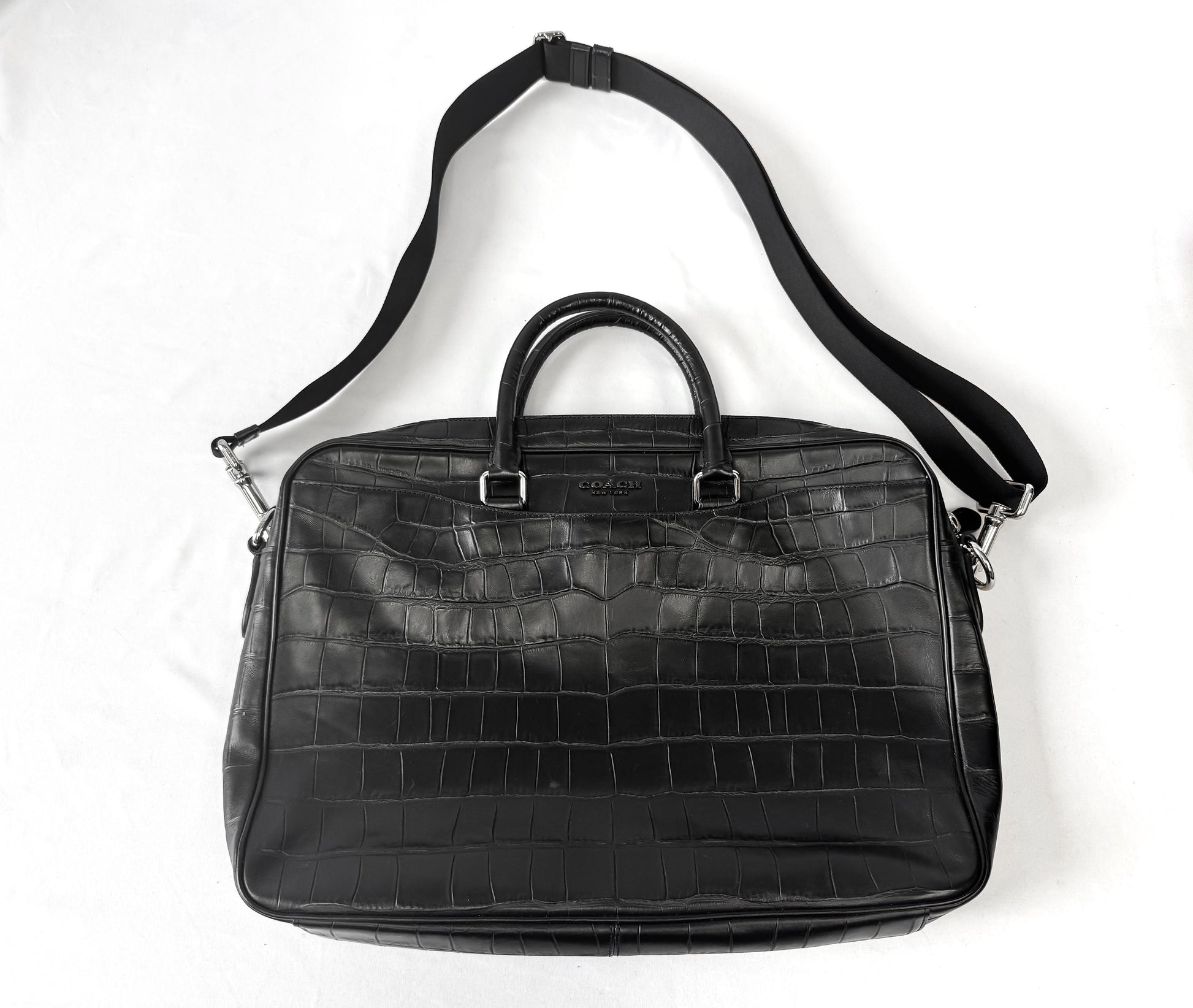 Modern Coach Beckett Slim Black Croc Embossed Crossbody Handle Briefcase Handbag, Style 72980