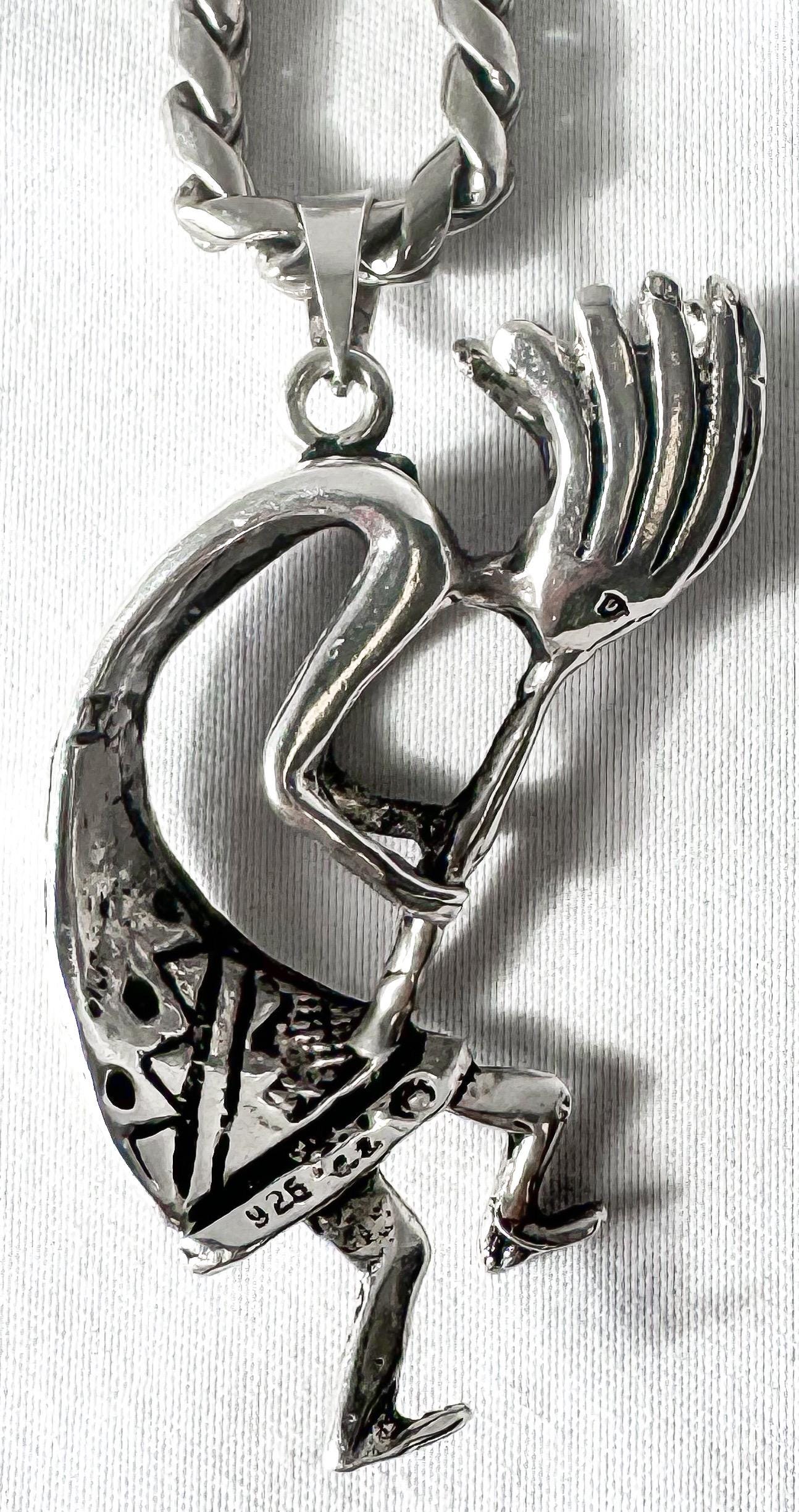 Vintage 925 Sterling Silver Kokopelli Pendant on 925 Chain, Unique Statement Navajo Boho Unisex Necklace
