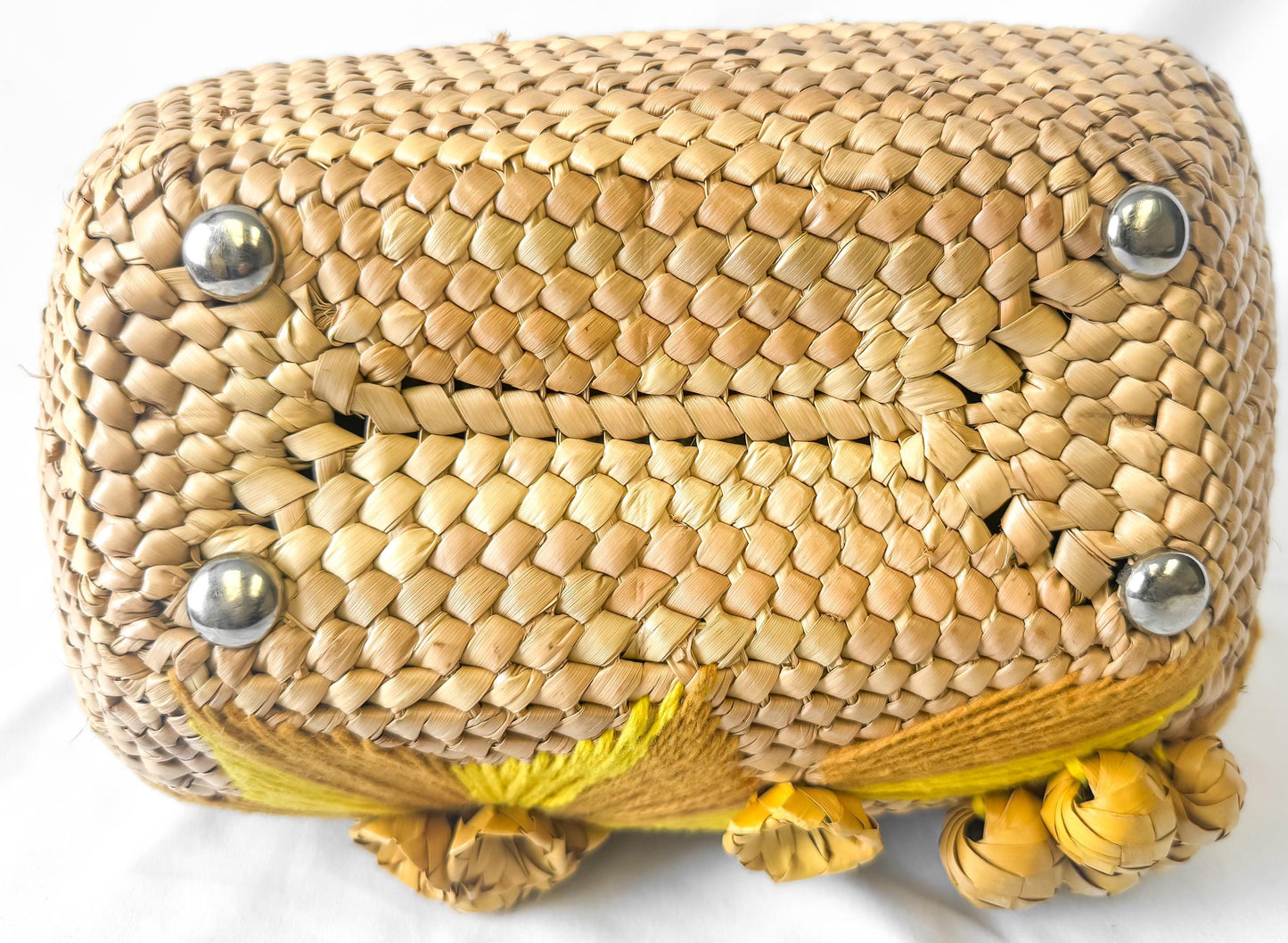 Vintage 70s Yellow Beige Wicker Woven Floral Basket Bag, Unique Boho Cottage Core Style Bag