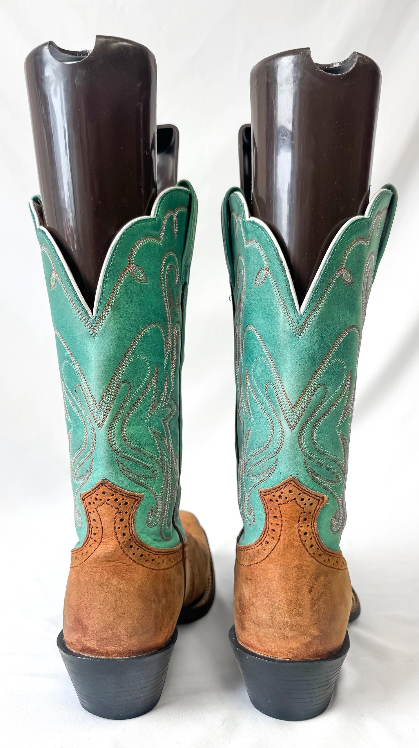 Vintage Style Ariat Heritage ATS Turquoise Teal Brown Leather Cowboy Boots, Women's Sz. 9B, Unique Western Festival Cowgirl Boots
