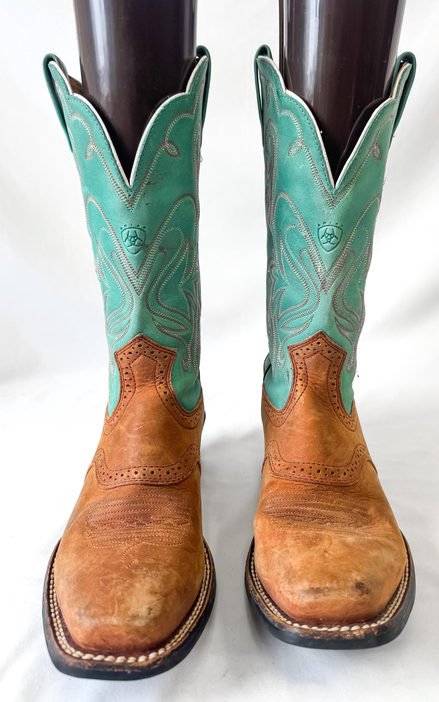 Vintage Style Ariat Heritage ATS Turquoise Teal Brown Leather Cowboy Boots, Women's Sz. 9B, Unique Western Festival Cowgirl Boots