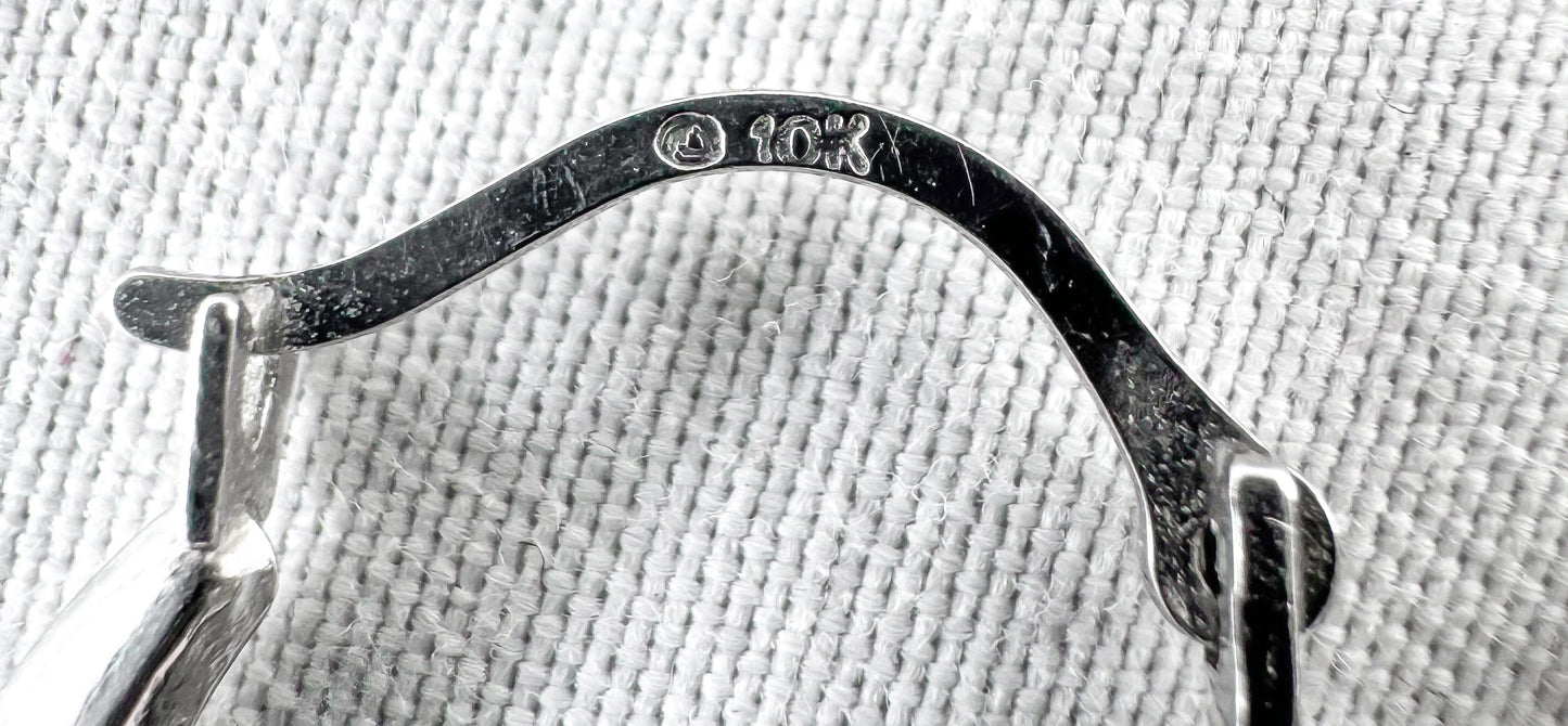 Vintage 10K White Gold Greek Key Etched Hollow Oval Hoop Earrings, Simple Dainty Minimalist Hoops