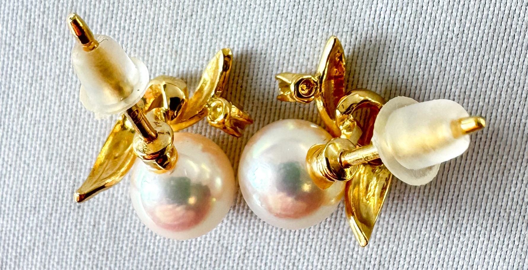 Vintage 18K 750 Yellow Gold Abstract Diamond Pearl Stud Earrings, Dainty Simple Elegant Bridal Stud Earrings