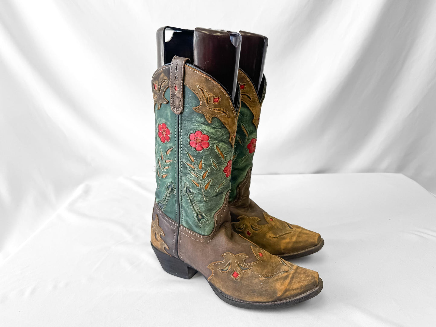 Vintage Style Laredo Teal Tan Red Floral Leather Cowboy Boots, Style 52138, Women's Sz. 9, Unique Western Festival Boots
