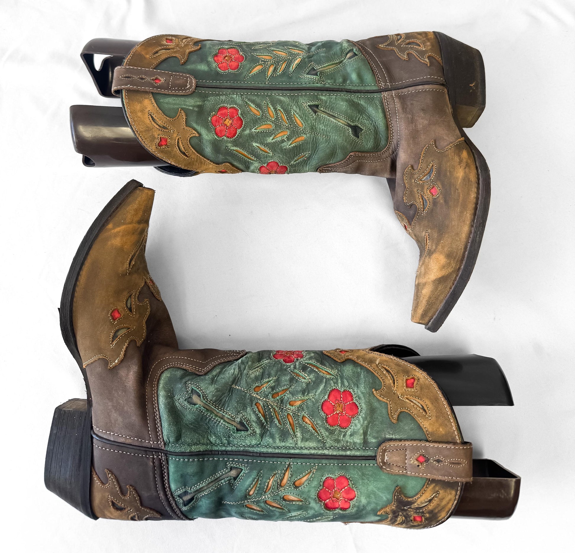 Vintage Style Laredo Teal Tan Red Floral Leather Cowboy Boots, Style 52138, Women's Sz. 9, Unique Western Festival Boots