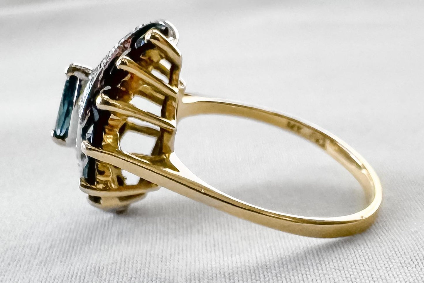 Vintage 14K Diamond Blue Sapphire Marquise Hurricane Ring, Sz. 8, Vintage Statement Cocktail Art Deco Ring