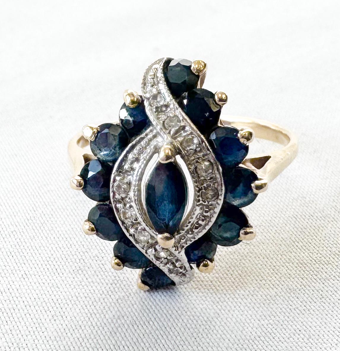 Vintage 14K Diamond Blue Sapphire Marquise Hurricane Ring, Sz. 8, Vintage Statement Cocktail Art Deco Ring
