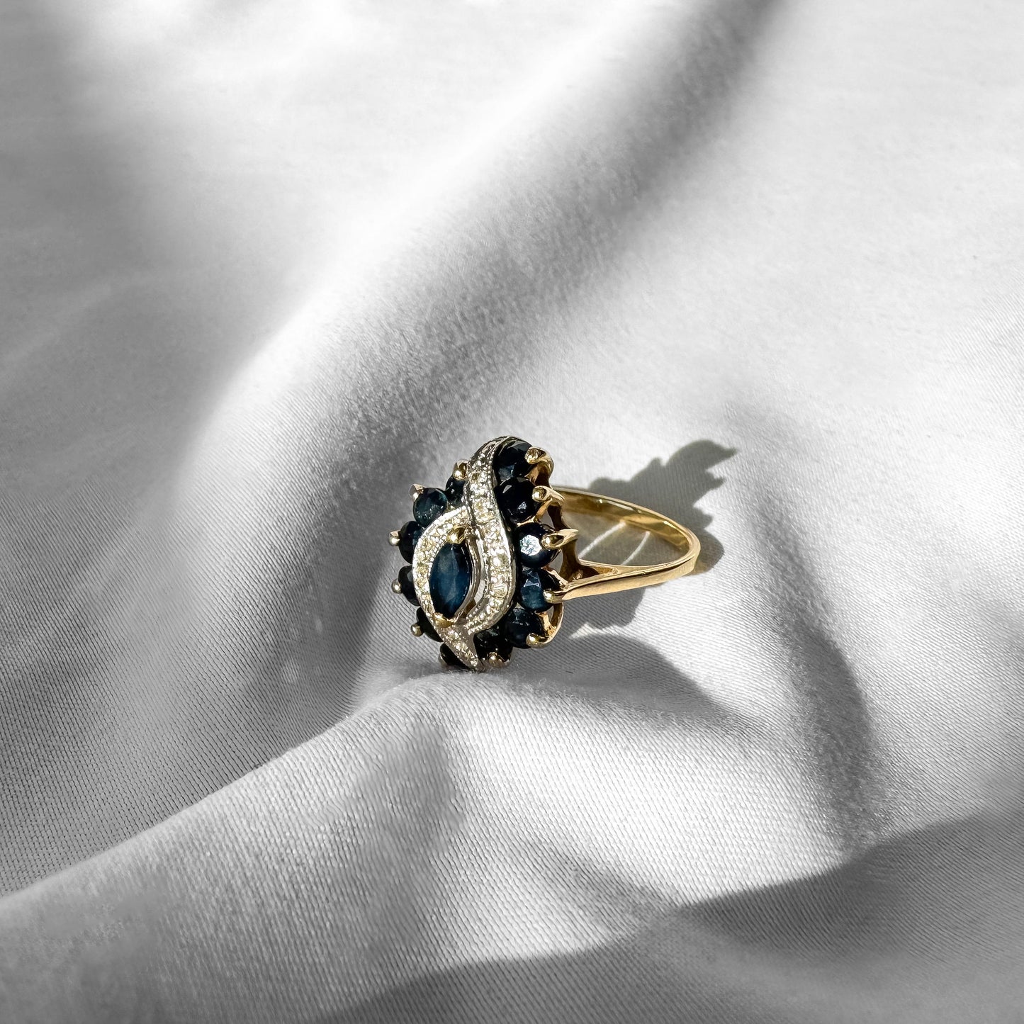 Vintage 14K Diamond Blue Sapphire Marquise Hurricane Ring, Sz. 8, Vintage Statement Cocktail Art Deco Ring