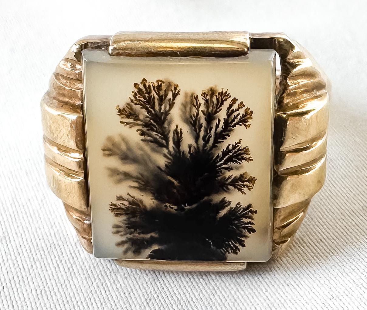 Vintage 10K Dendritic Agate Tree Bush Signet Ring, Sz. 11.5