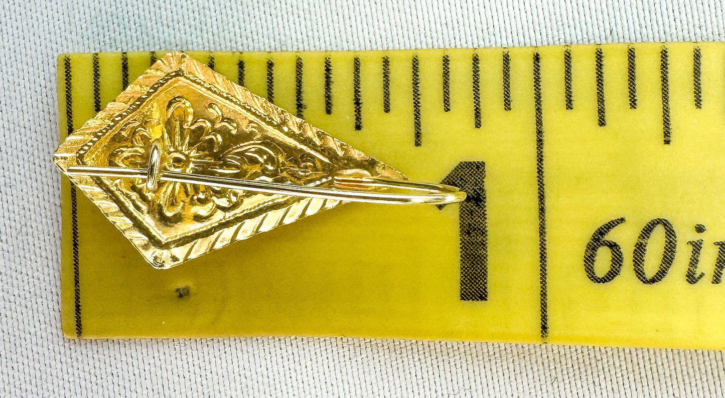 Vintage 14K Yellow Gold Lightweight Floral Etched Rhombus Dangle Earrings, Dainty Simple Everyday Minimalist Earrings