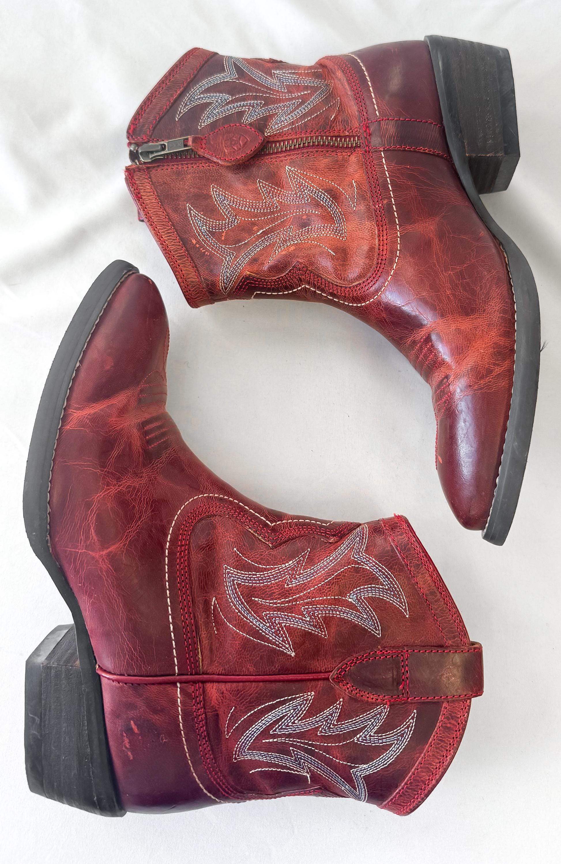 Vintage Style Ariat Red Billie Leather Zip Ankle Booties, Women's Sz. 6B, Vintage Unique Western Festival Boots