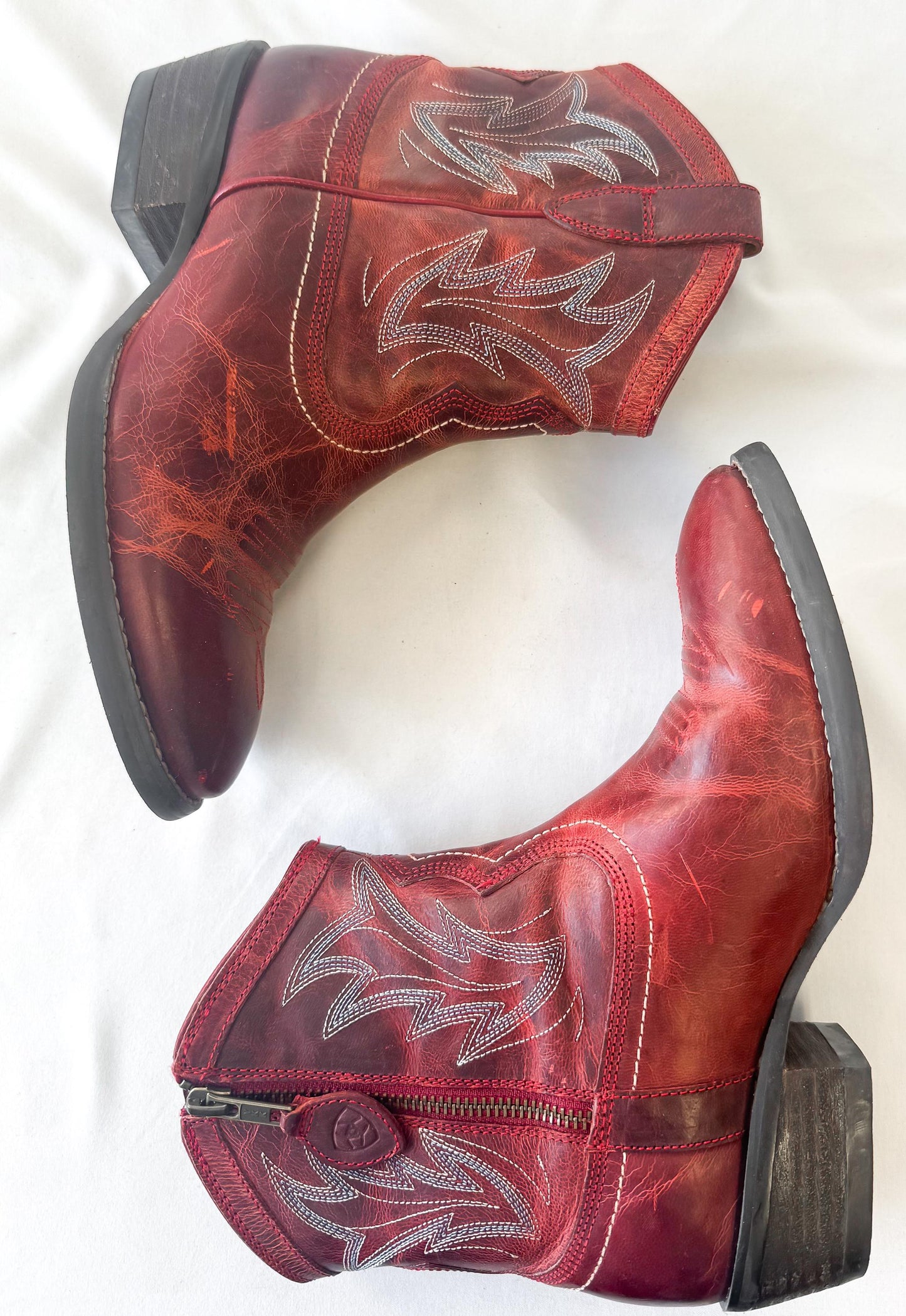 Vintage Style Ariat Red Billie Leather Zip Ankle Booties, Women's Sz. 6B, Vintage Unique Western Festival Boots