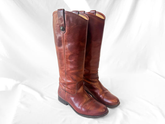 Vintage Frye Cognac Knee High Leather Boots, Style 4015, Women's Sz. 7B