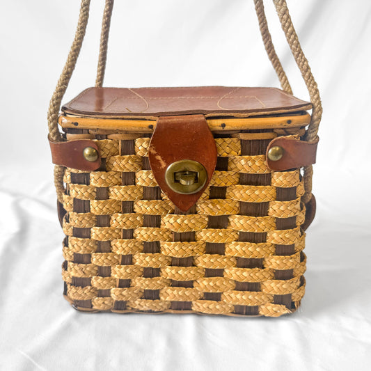 Vintage Wicker Leather Woven Square Mini Basket Top Handle Handbag, Unique Cottage Core Coquette Basket Bag
