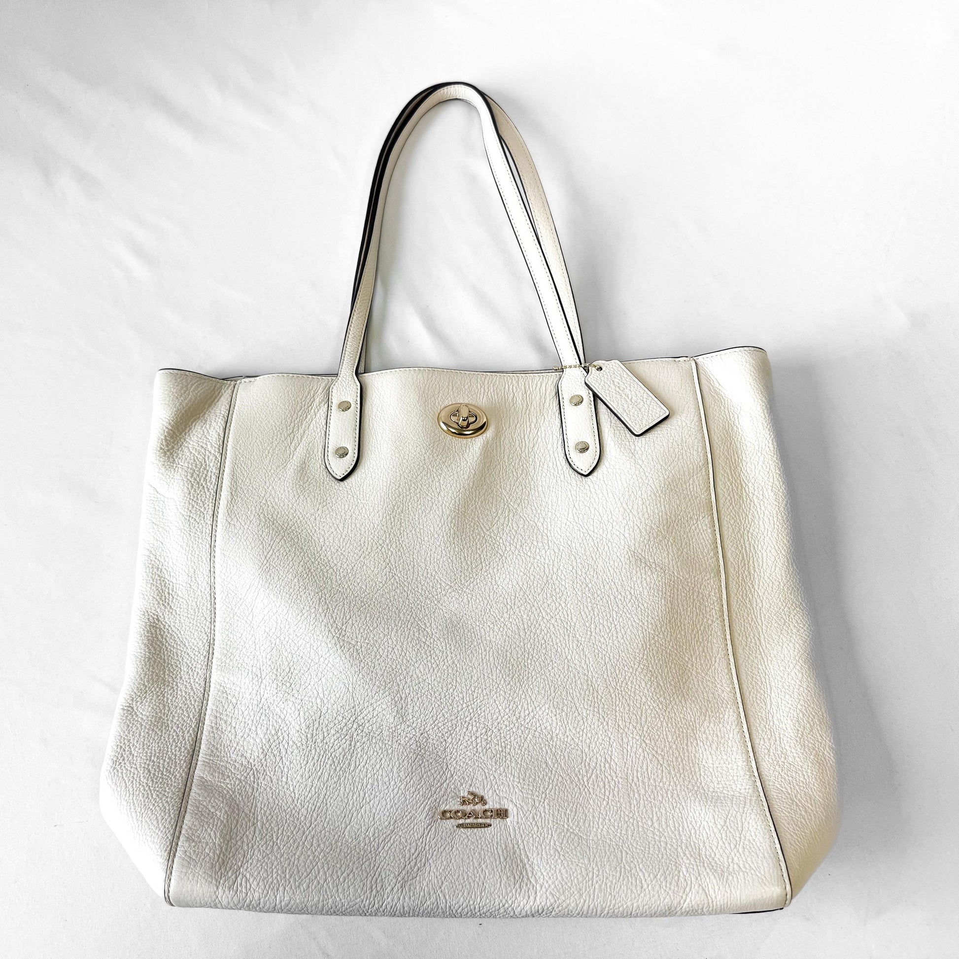 Modern Coach Town Tote Chalk White/Cream Turn Lock Pebbled Leather Shoulder Toten Bag, Style 12184