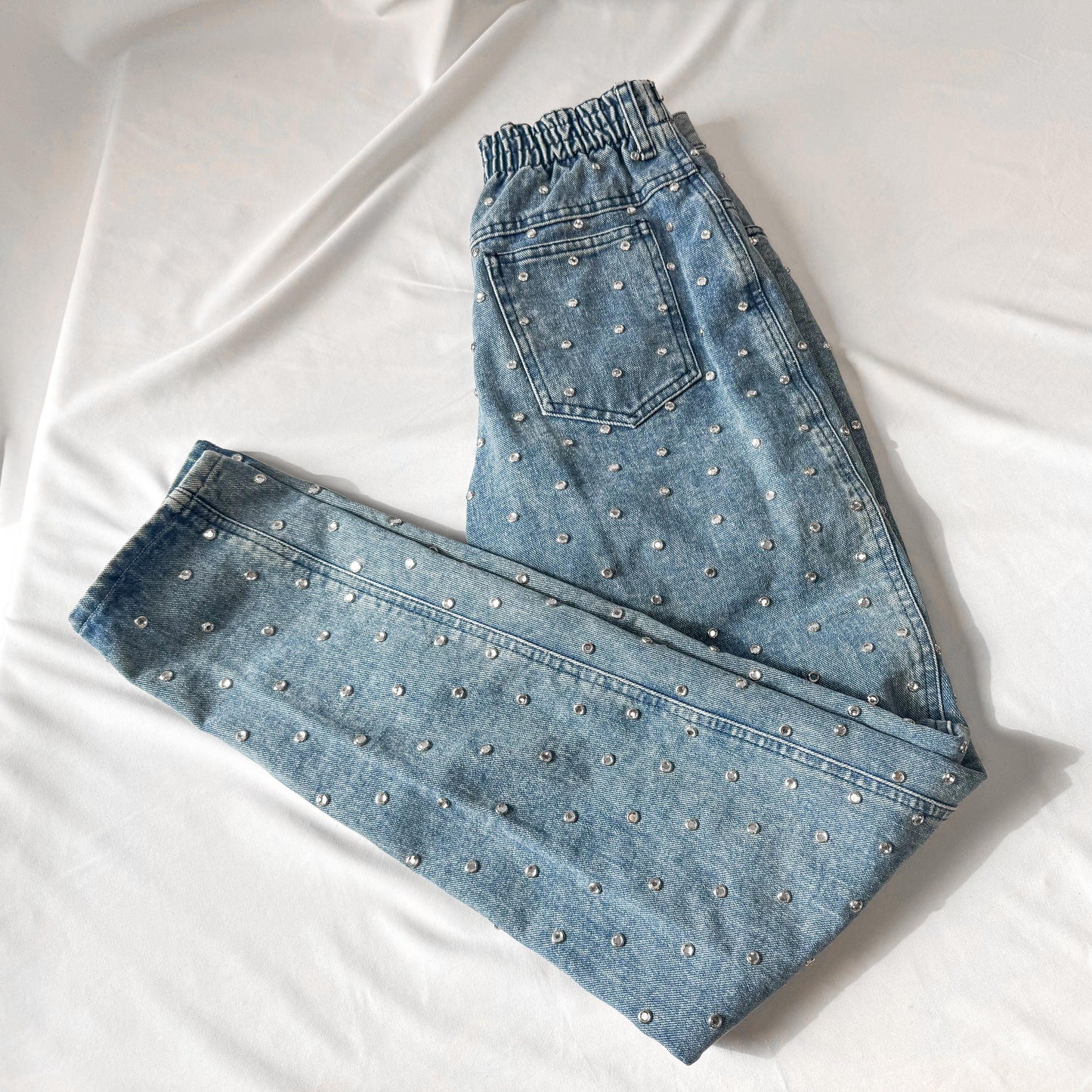 Vintage Y2K 00s Opal Medium Wash High Waist Embellished Rhinestone Tapered Mom Jeans, 26" x 31"