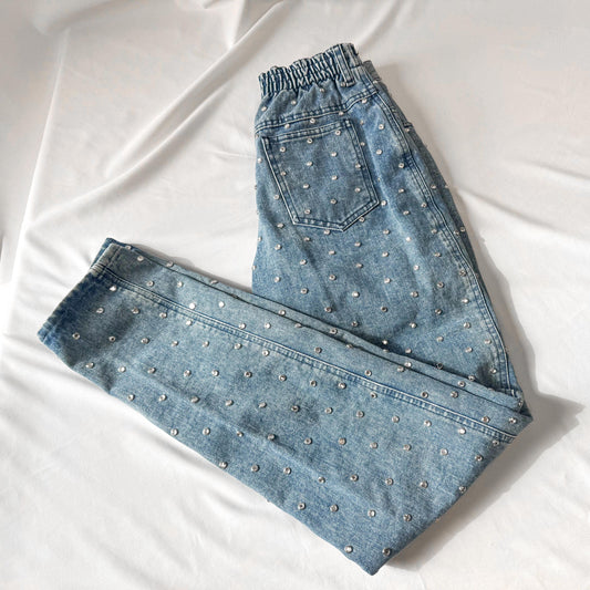 Vintage Y2K 00s Opal Medium Wash High Waist Embellished Rhinestone Tapered Mom Jeans, 26" x 31"