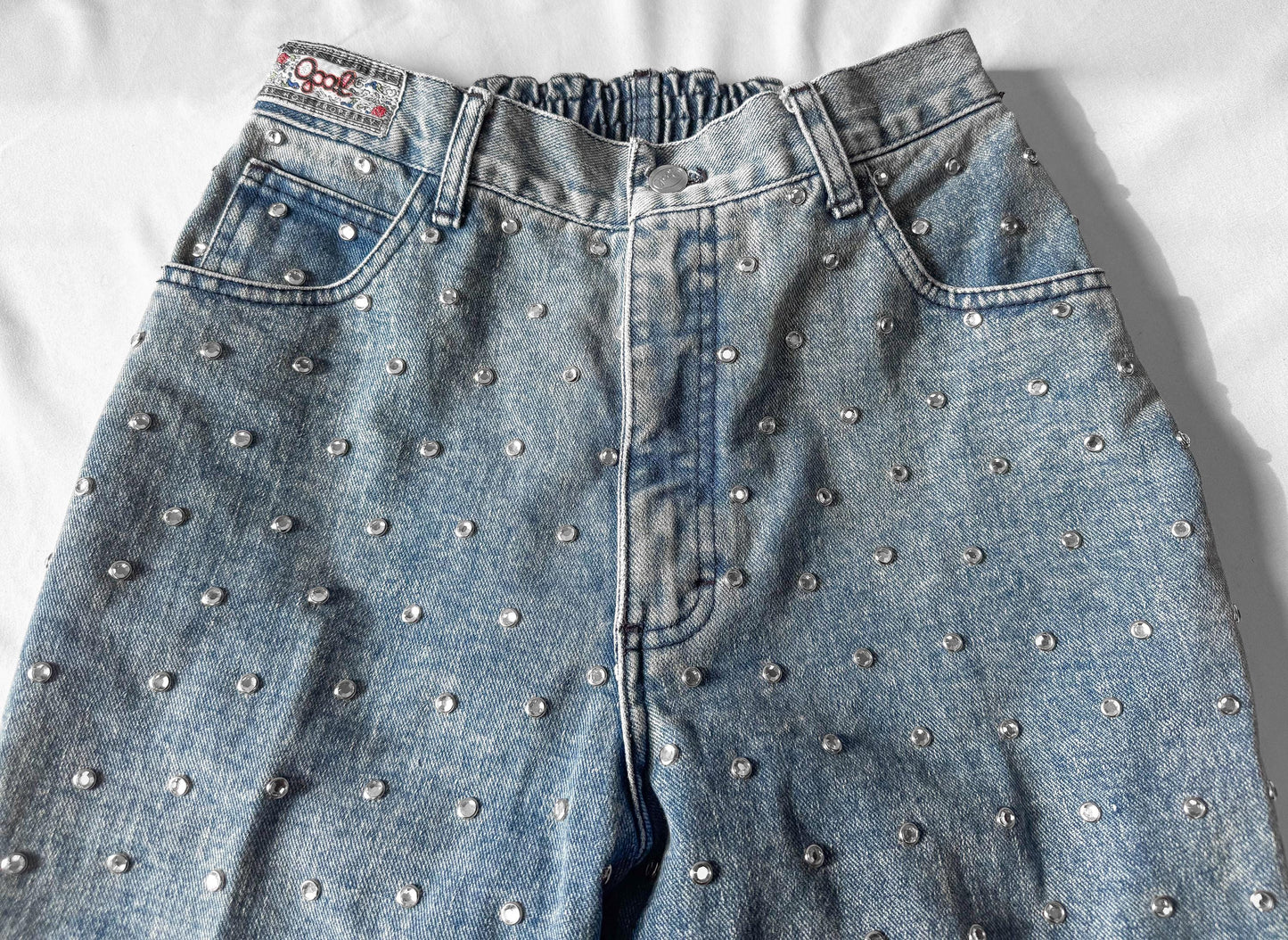 Vintage Y2K 00s Opal Medium Wash High Waist Embellished Rhinestone Tapered Mom Jeans, 26" x 31"